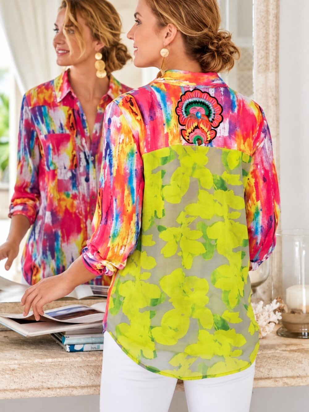 Soft Surroundings Festiva Vibrant Mixed Media Colorful Embroidered Shirt SZ 2X